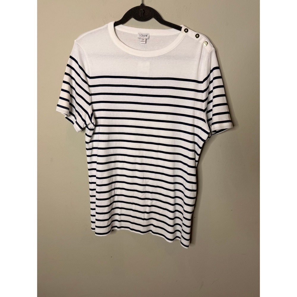 J.Crew‎ Striped T-Shirt Womens XXL White Navy Blue Button Shoulder Nautical Tee